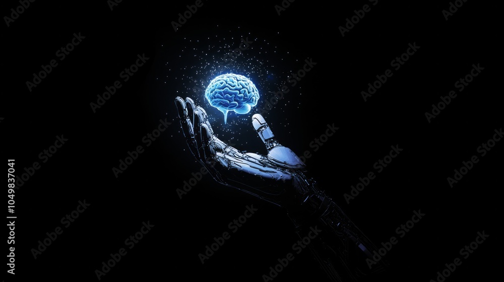 Poster close-up ai robot holds ai brain with open hand. artificial intelligence or ai analysis information.