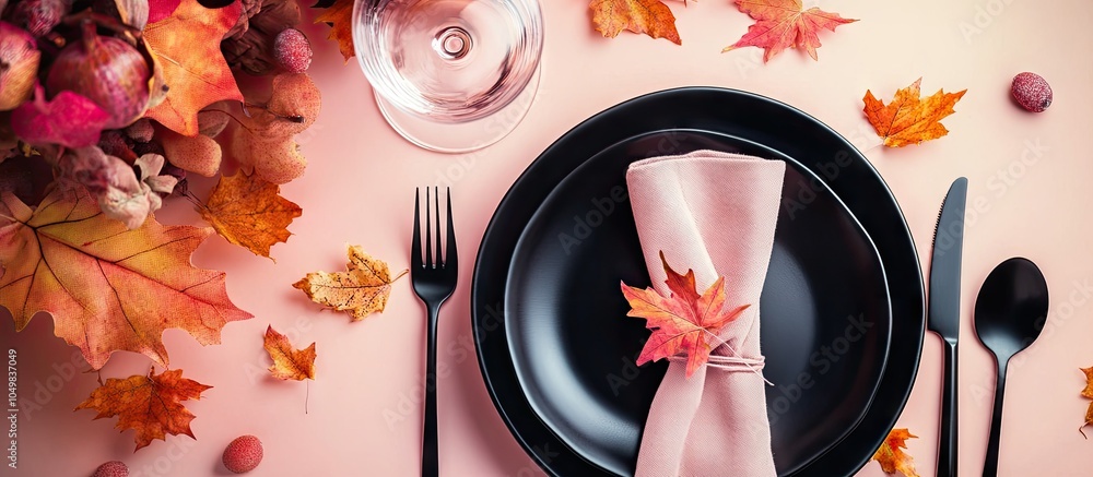 Aufkleber festive table arrangement featuring cutlery light pink napkin black plates wine glass and autumn lea