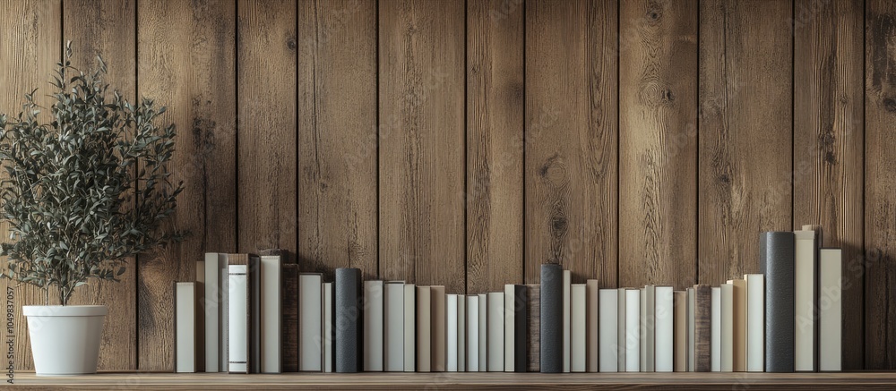 Aufkleber Books arranged against a wooden panel backdrop with empty spaces for text. with copy space image. Place for adding text or design