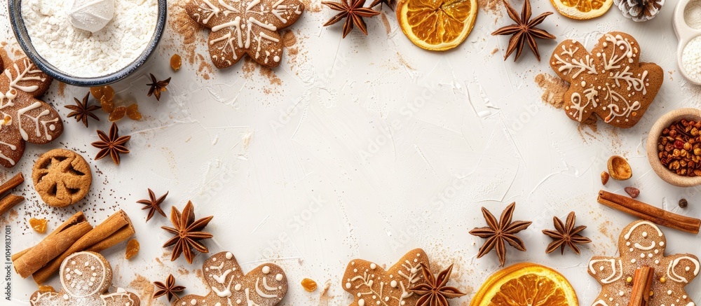 Poster Christmas baking backdrop Ingredients for holiday baking on a light background Top view with copy space Gingerbread cookies Preparing ginger cookies Raw dough for cookies