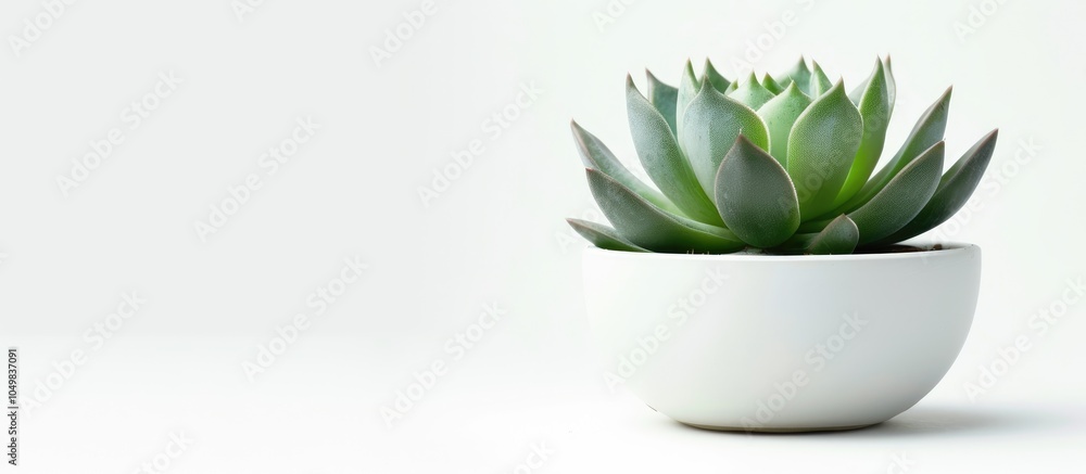 Fototapete side view of a mini green succulent plant in a small white pot brightly isolated against a white bac