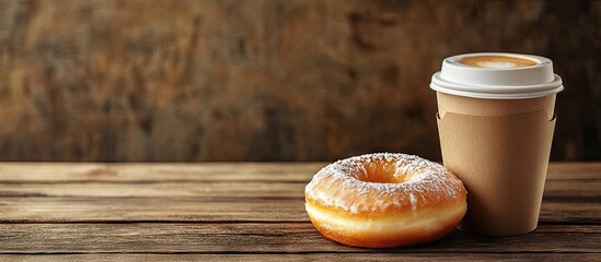 fresh artisan donut and takeaway coffee wooden backdrop with copy space