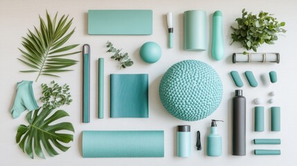 A flat lay of a variety of turquoise and green fitness equipment and accessories, including a yoga mat, a foam roller, a resistance band, a balance ball, and a water bottle.