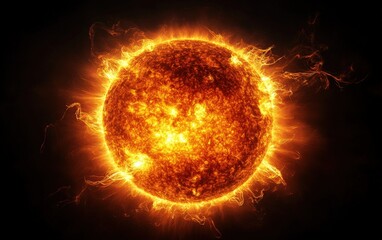 Realistic, high-definition photo of the sun showing intricate details of its fiery surface, with orange and yellow plasma streams forming around visible sunspots, emitting an intense, bright glow