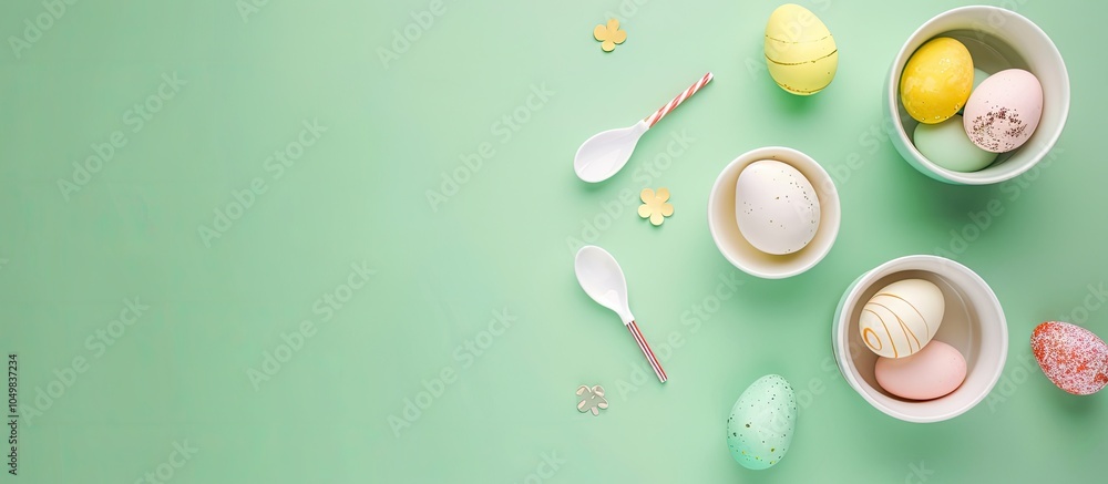 Fototapete Easter idea on a green background with a top view mockup. with copy space image. Place for adding text or design