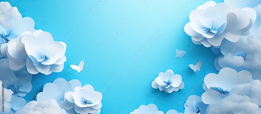 Poster attractive blue backdrop featuring light paper clouds vertical orientation. with copy space image. p