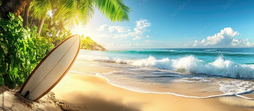 Poster beautiful sandy beach for surfing on a sunny summer day. with copy space image. place for adding tex