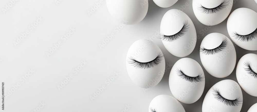 Poster Minimalistic humorous arrangement of eggs adorned with false eyelashes on a light gray background Creative Easter idea Copy space Area for text