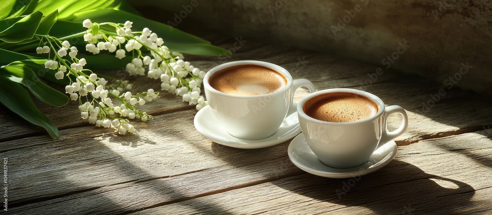 Fototapete coffee espresso cups and lily of the valley against a backdrop of weathered wooden boards in sunligh