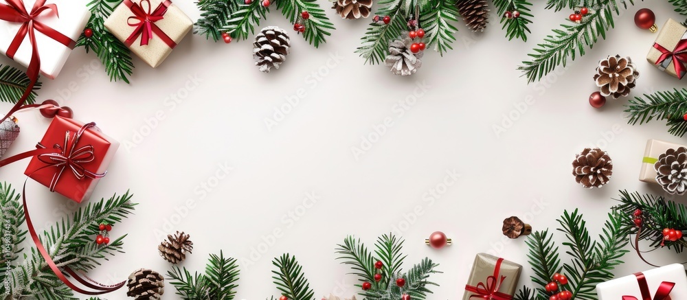 Poster Christmas frame composed of small gifts and conifer isolated on white. with copy space image. Place for adding text or design