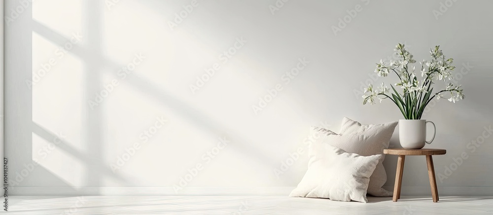 Aufkleber Vase filled with hyacinth flowers a cup on a stool and pillows beside a white wall in a room. with copy space image. Place for adding text or design