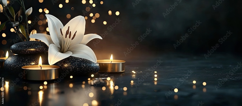 Poster a beautiful arrangement featuring a white lily lit candles and a stack of stones in gold and black h