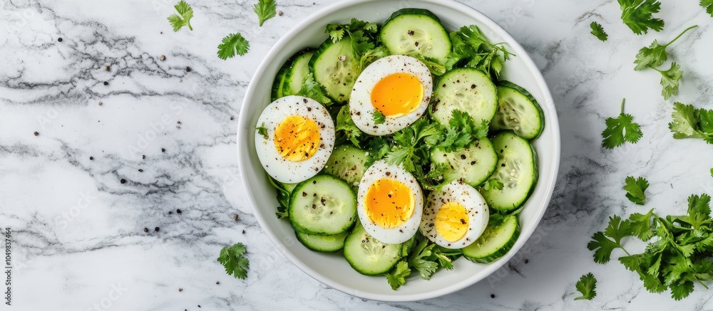 Poster healthy bowl featuring cucumber salad with eggs and coriander on a marble background. with copy spac