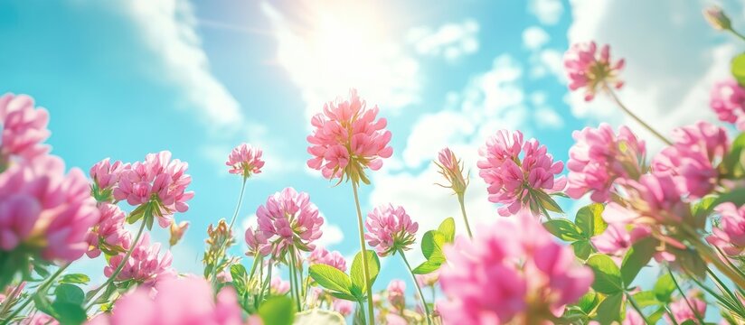 Wild pink flowers of Alsike clover Trifolium hybridum ssp elegans in a field with the sky in the background selective focus viewed from below. with copy space image. Place for adding text or design
