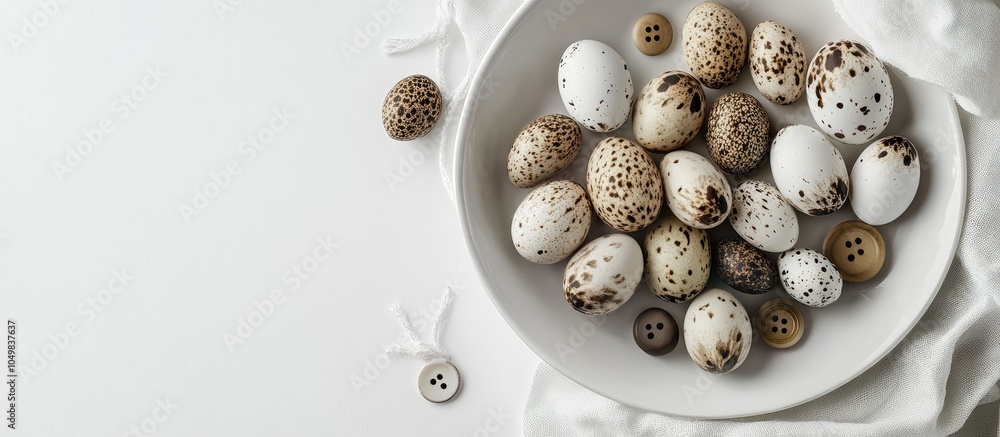 Poster quail eggs arranged on a white plate decorative elements gift bags made from canvas featuring button