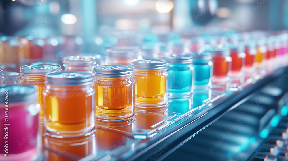 Poster brightly colored jars filled with vibrant liquids create visually striking display