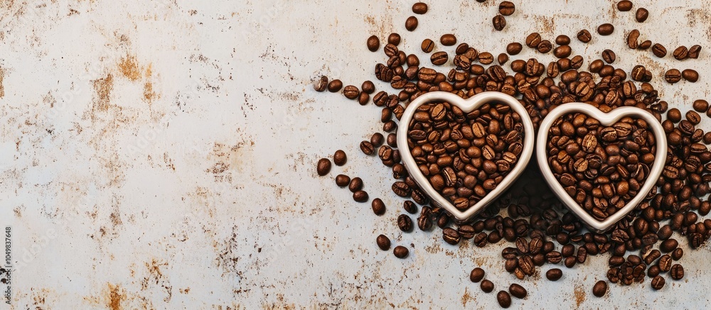 Leinwandbilder two heart shapes filled with coffee cups on a surface covered in coffee beans. with copy space image
