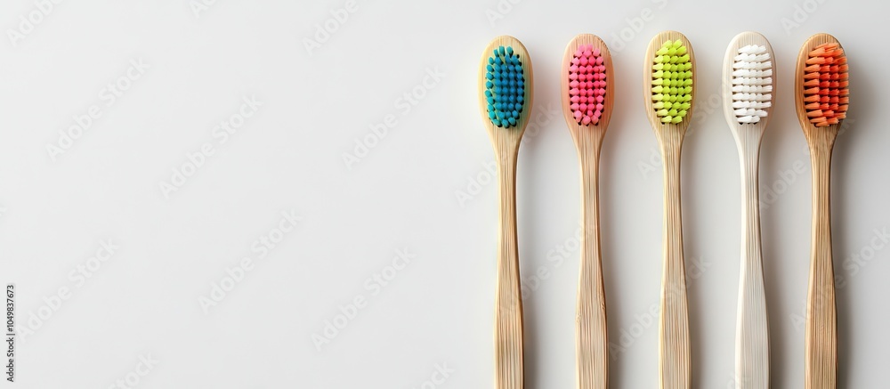 Aufkleber Bamboo toothbrushes set against a white background with colored bristles. with copy space image. Place for adding text or design