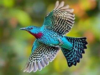 Spangled Cotinga in Flight with a Soft Natural Blur Background