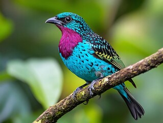 Spangled Cotinga Perched on a Branch with a Soft Natural Blur Background