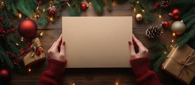 Female hands gripping a blank canvas board with Christmas decorations in the background Christmas theme Copy space Top view