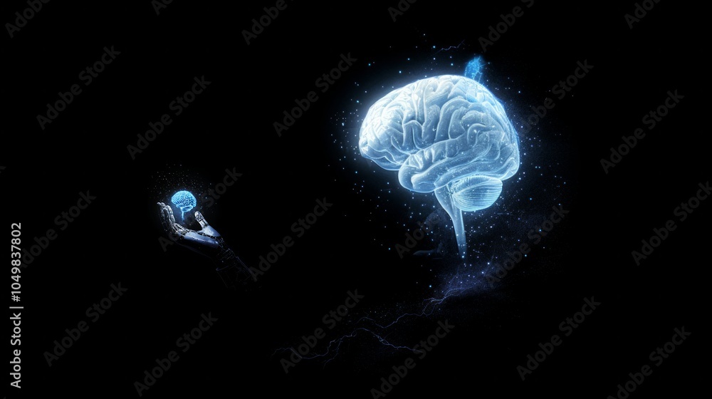 Poster artificial intelligence and human brain merge. close-up ai robot holds ai brain with open hand. arti
