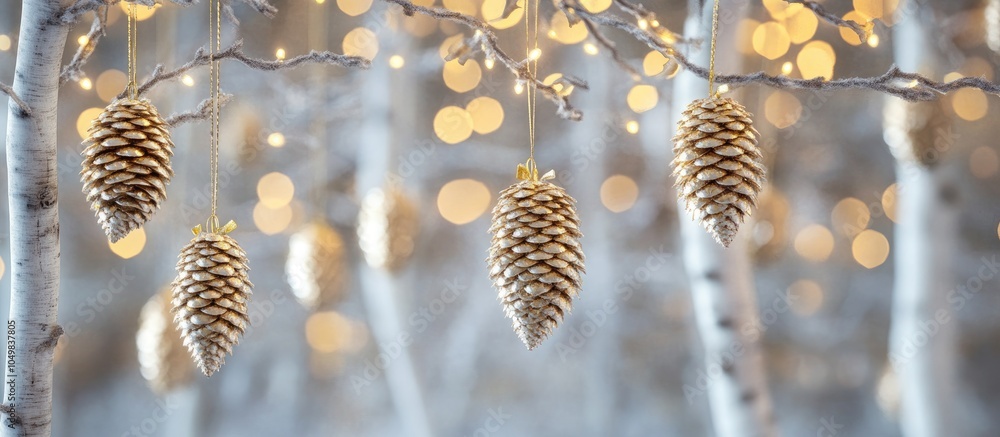 Aufkleber environmentalist Christmas tree with golden cones suspended from white birch branches. with copy space image. Place for adding text or design