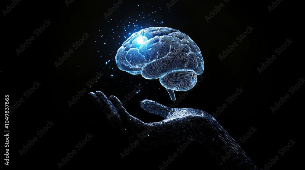 Poster artificial intelligence and human brain merge. close-up ai robot holds ai brain with open hand. arti