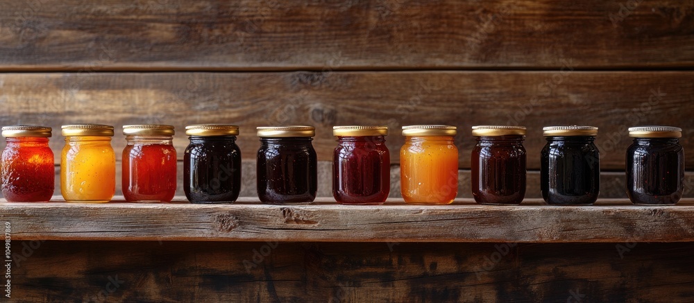 Poster a collection of various jams in glass jars on a rustic wooden backdrop. with copy space image. place