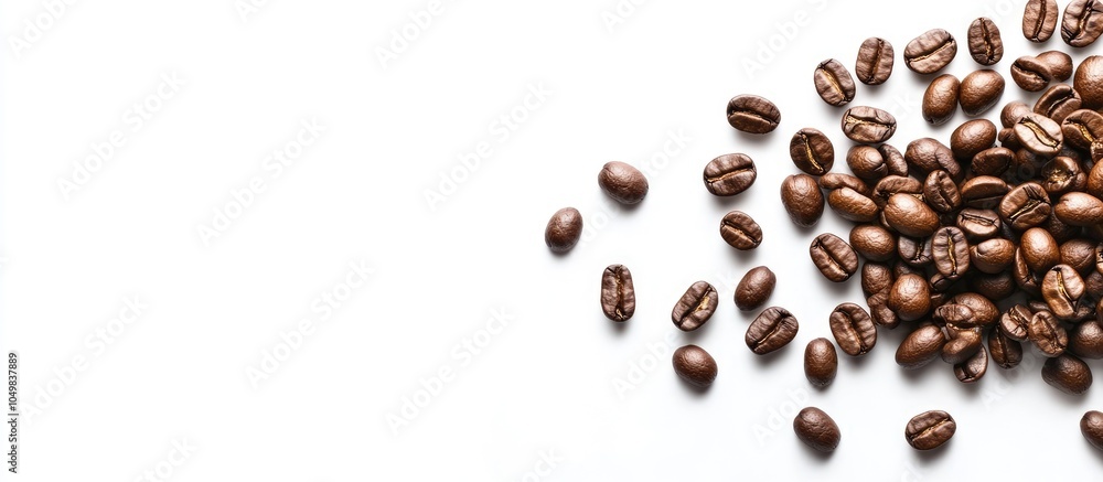 Poster Coffee beans on a white background Aerial view of coffee beans Copyspace for text