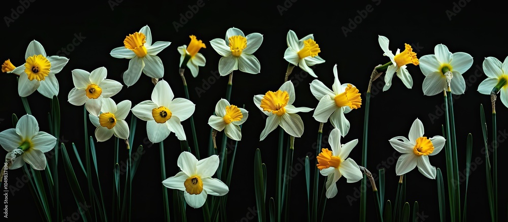 Leinwandbilder white and yellow daffodils set against a dark black background. with copy space image. place for add