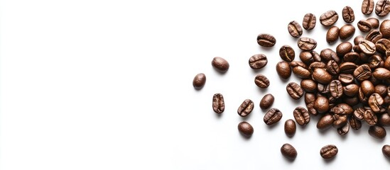Obraz premium Coffee beans on a white background Aerial view of coffee beans Copyspace for text