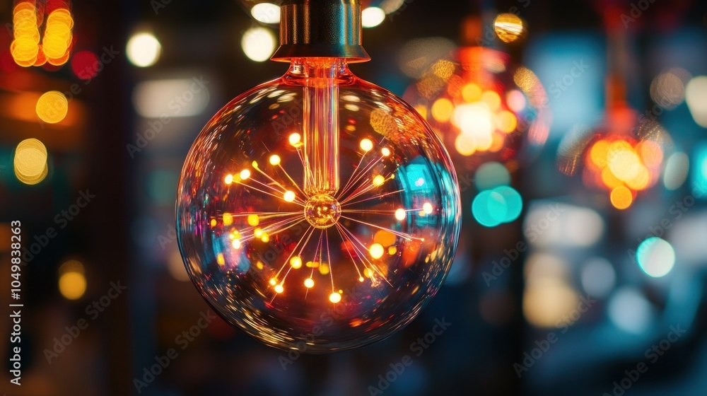Aufkleber a single glowing edison bulb with a burst of light filaments inside hangs in front of blurred colorf
