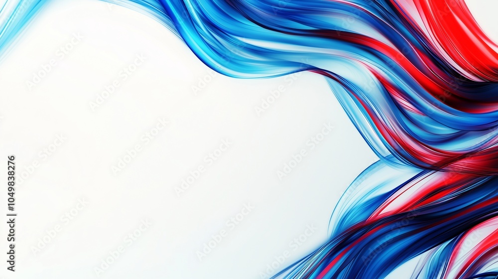 Poster a white background adorned with colorful, fluid blue and red streaks blending together. the image ca