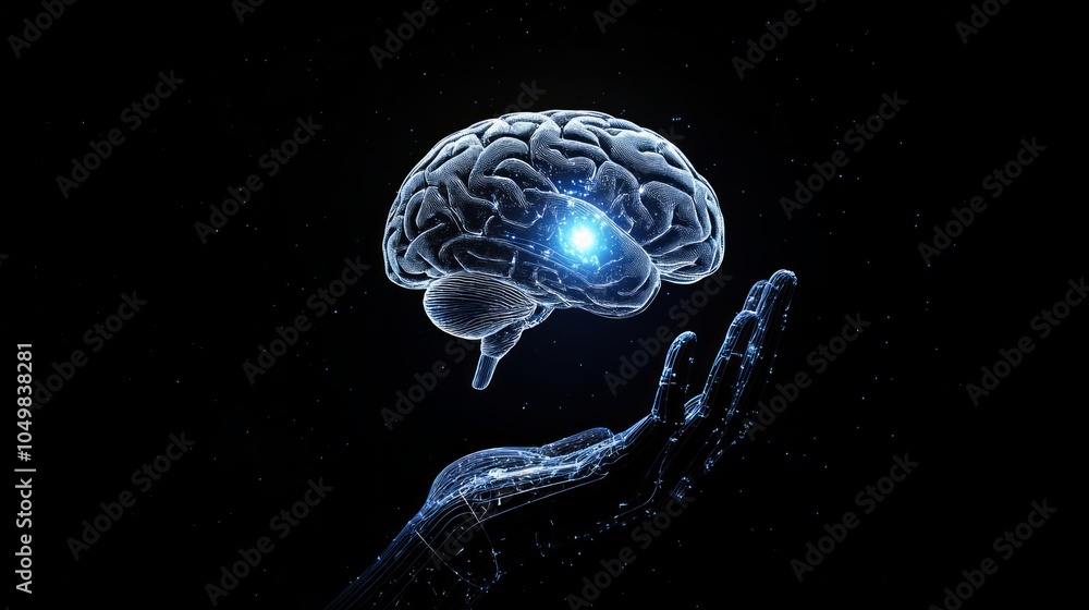 Poster close-up ai robot holds ai brain with open hand. artificial intelligence or ai analysis information.