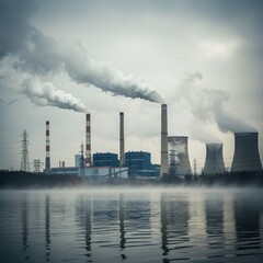 industrial power plant, smoke stacks, air pollution, cloudy sky, water reflection, misty atmosphere, environmental impact, coal-fired power station, gray tones, atmospheric haze, industrial landscape,