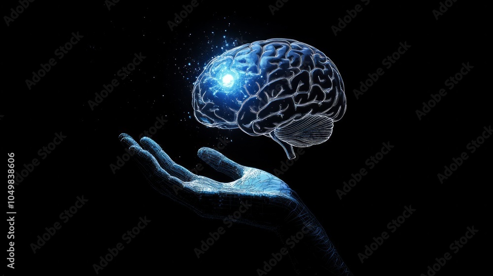 Poster close-up ai robot holds ai brain with open hand. artificial intelligence or ai analysis information.