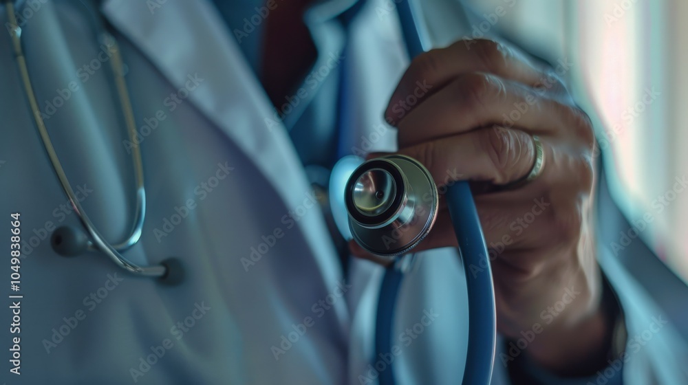 Poster a close-up of a healthcare professional using a digital tablet to review patient records, with focus