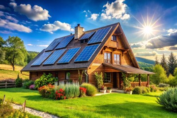Rustic Countryside House with Solar Panels, Sustainable Living, Eco-Friendly Home, Green Energy, Rural Architecture 