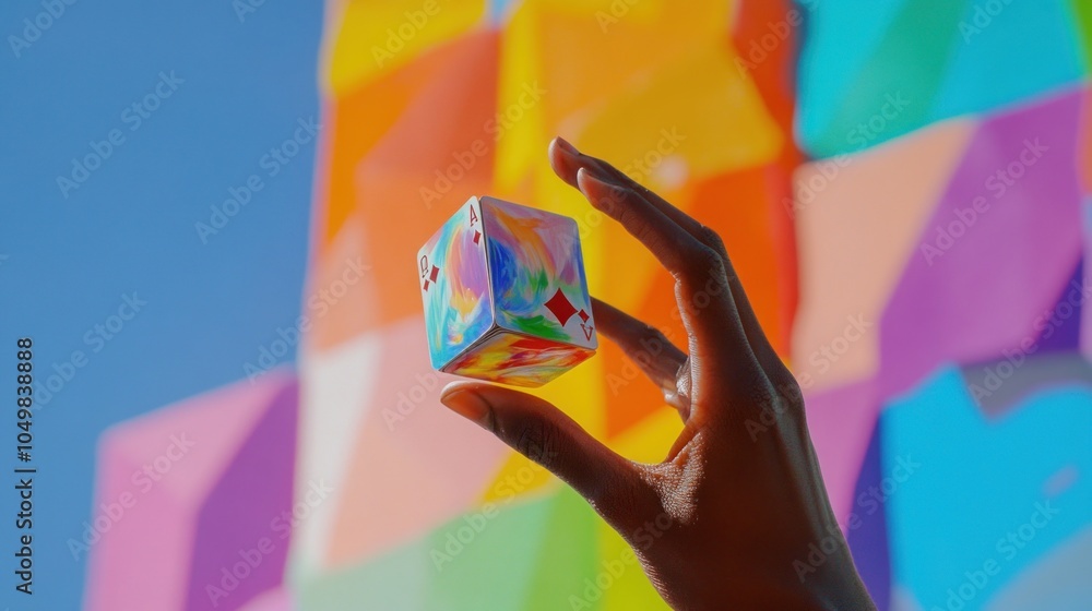 Poster a hand holds a colorful cube with a blurred background of squares.