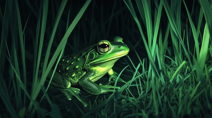 Obraz premium A vibrant green frog sits among tall grass, illuminated dramatically against a dark night backdrop, capturing nature?s serene beauty.