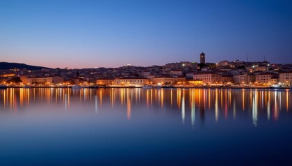 Obraz premium Glowing cityscape at dusk serene waters reflecting lights