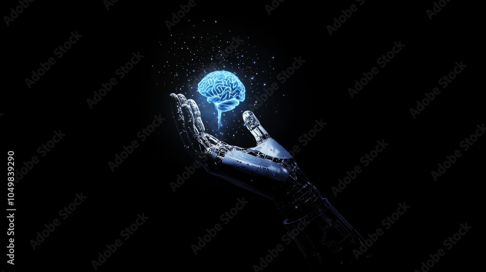 Poster close-up ai robot holds ai brain with open hand. artificial intelligence or ai analysis information.