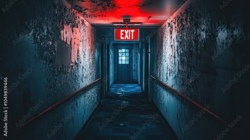 Poster a dimly lit hallway in an abandoned building with a flickering red exit sign.