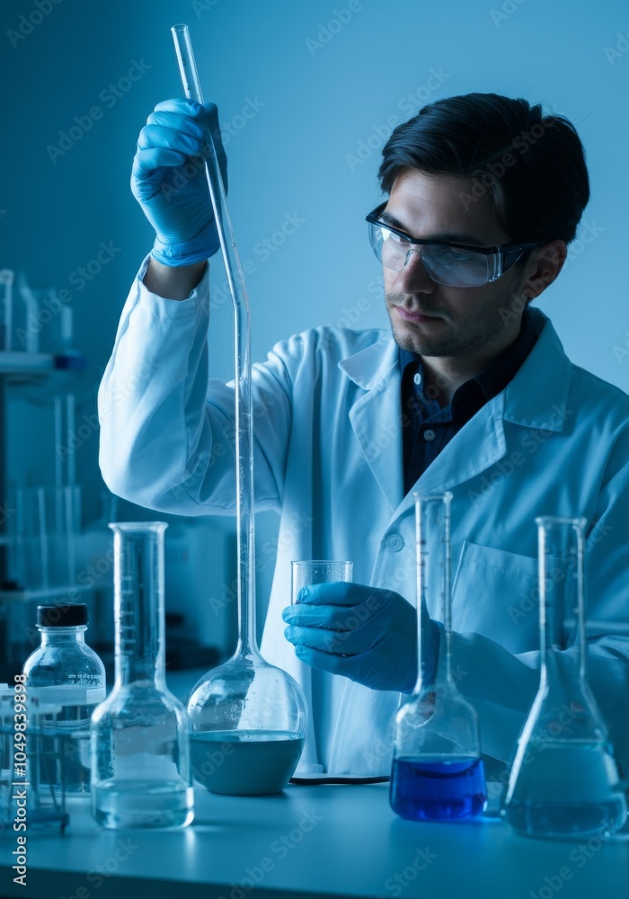 Poster scientist conducting experiment in laboratory with test tubes and beakers.