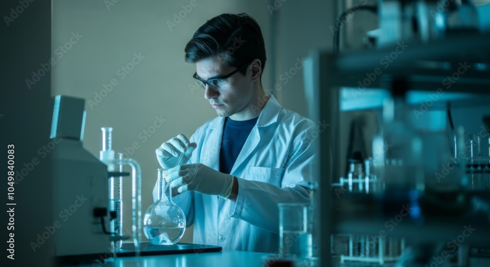 Poster scientist conducting laboratory experiment with chemical flask in research lab.
