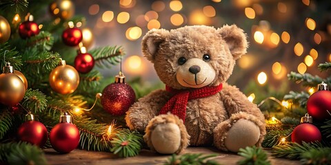 Teddy Bear in Christmas Magic. Festive Bear by the Tree. Cute Xmas Teddy Bear Photo. 