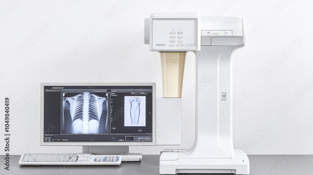 Poster a medical x-ray machine and computer monitor displaying a patient's x-ray image.