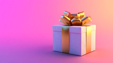 Obraz premium A gift box with a gold ribbon and bow, set in front of a soft gradient background from pink to purple.