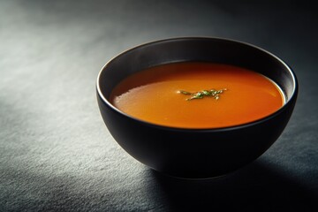 A bowl of warm soup with a sprig of fresh thyme